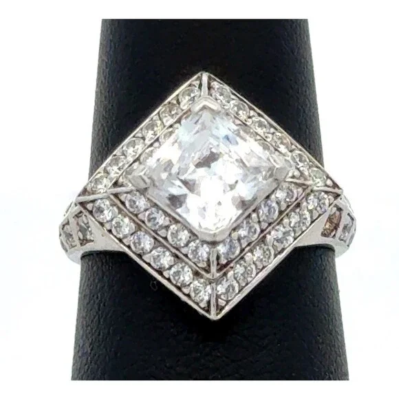 Designer 925 Sterling Silver Square Cubic Zirconia Three Tiered Engagement Ring